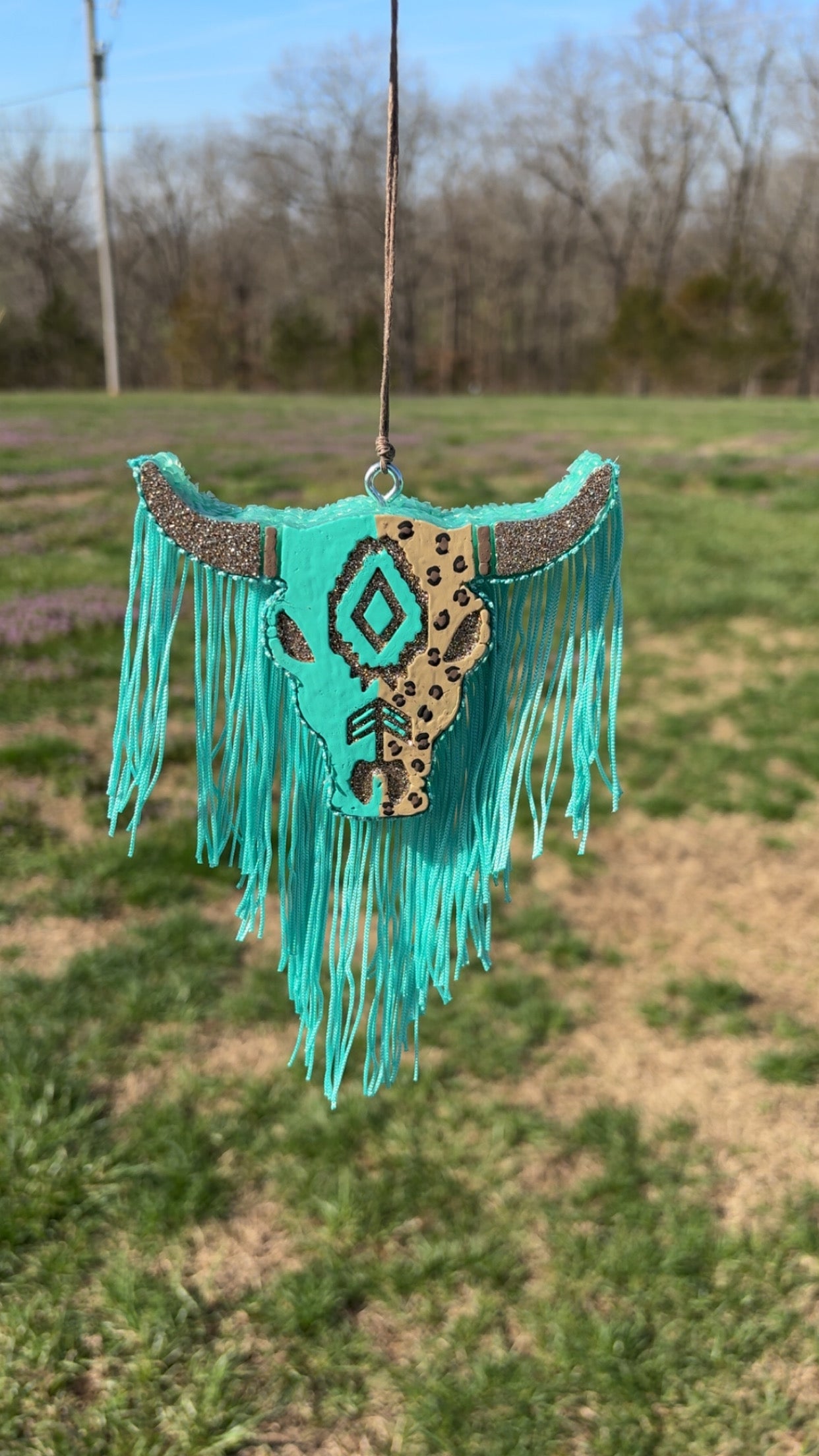Turquoise and Leopard Print Steer Head with Fringe Car Freshie