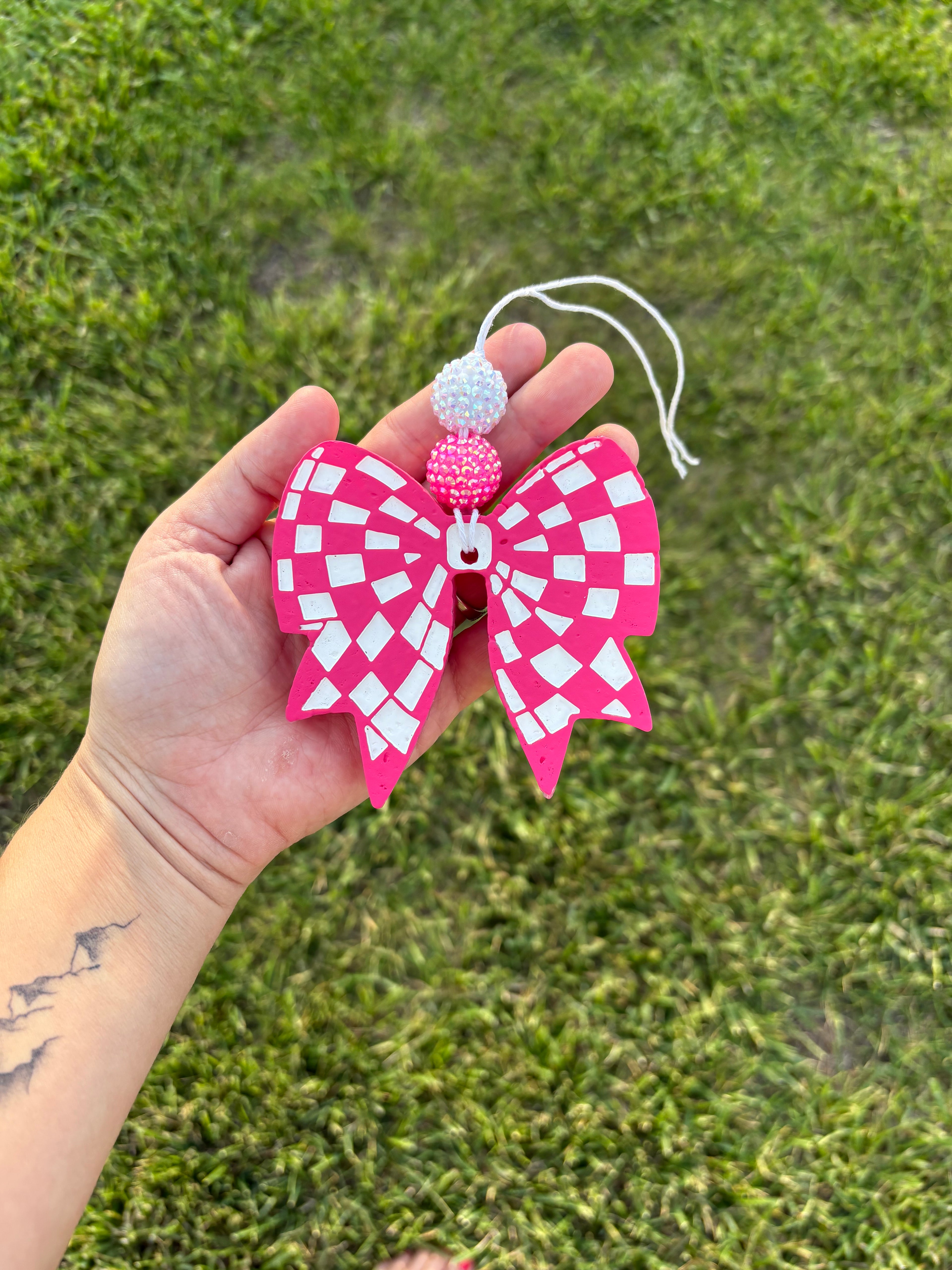 Pink and White Checkered Bow Car Freshie