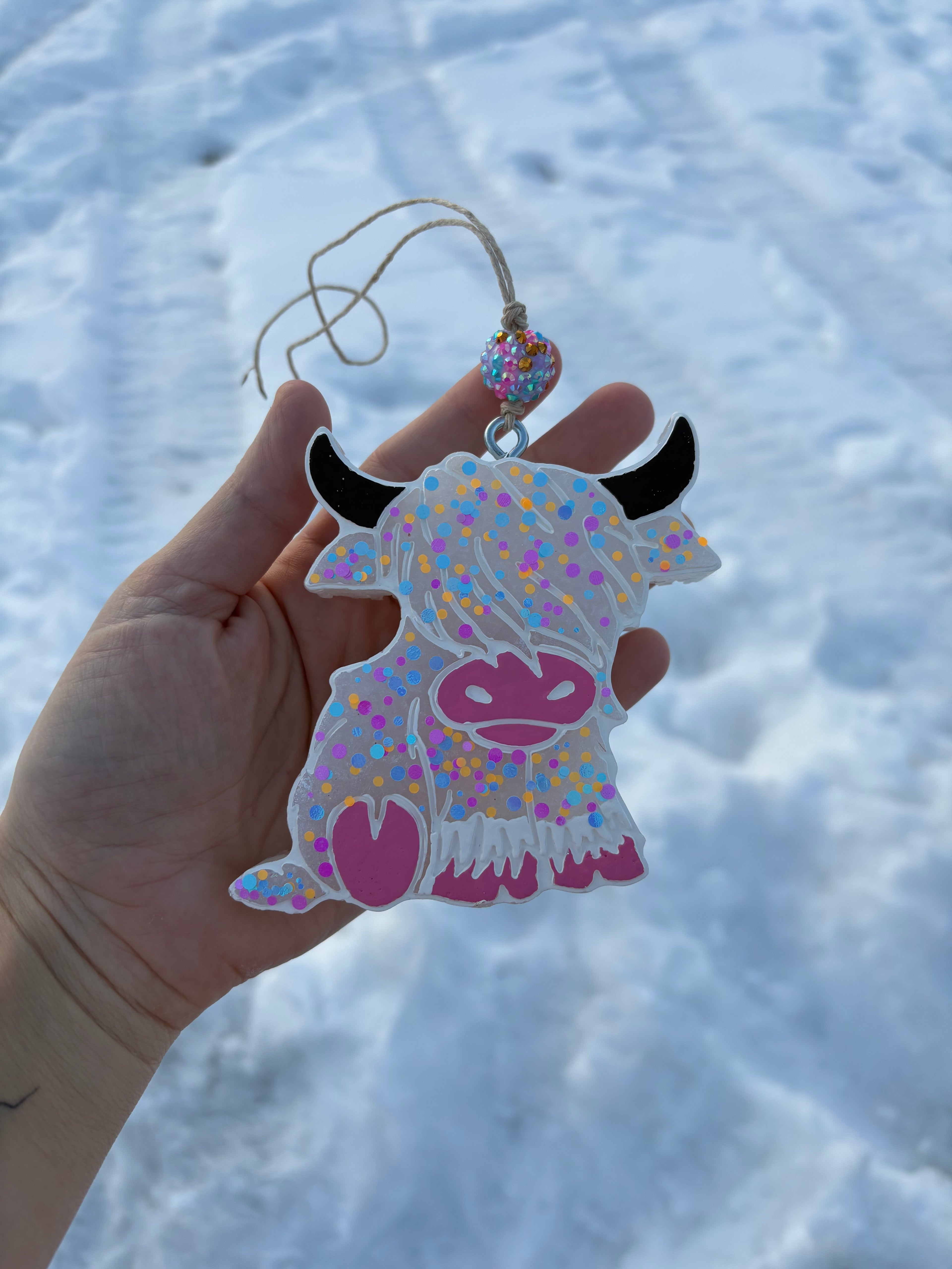 Pink Confetti Highland Cow Car Freshie