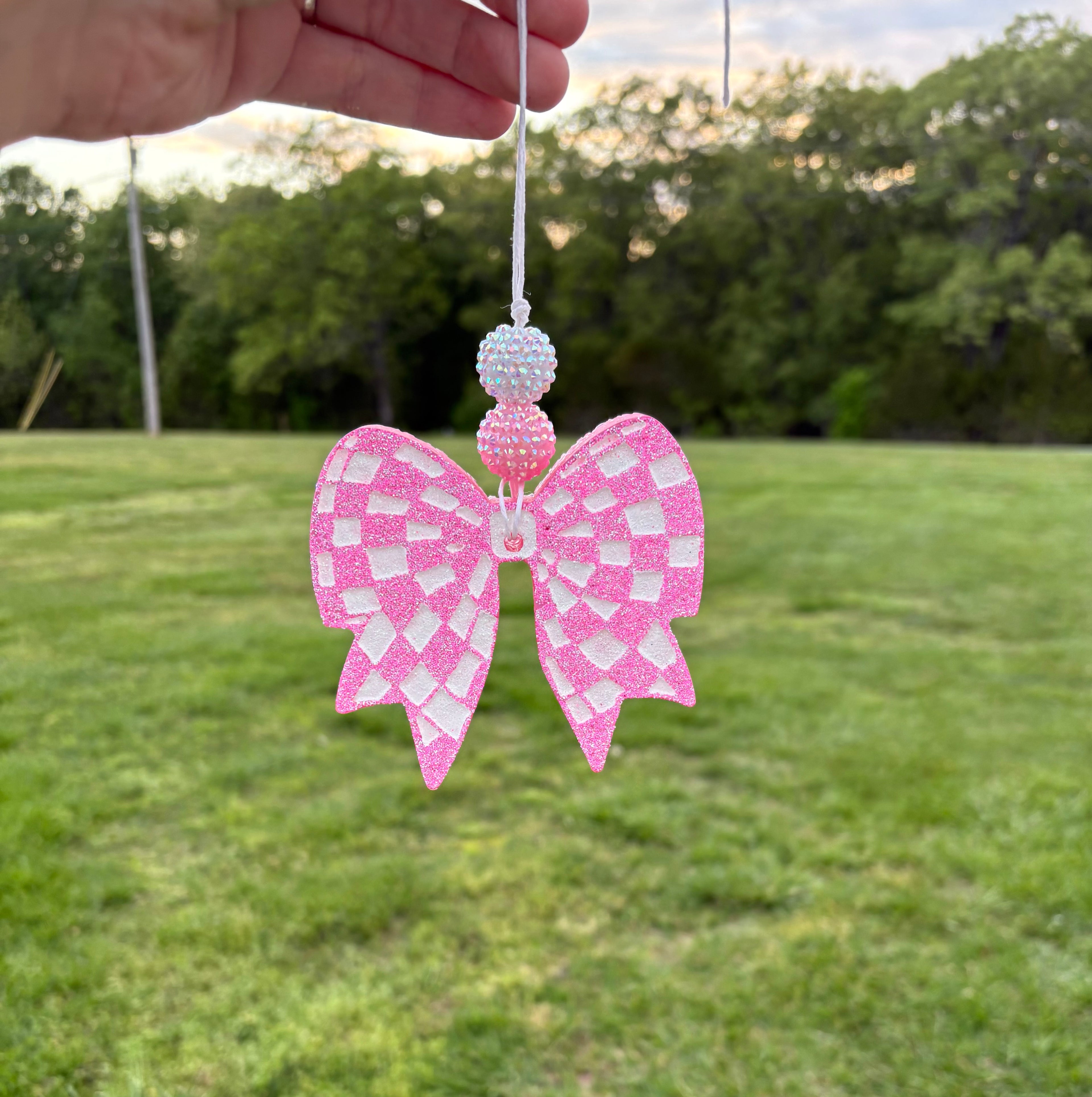 Pink Checkered Glitter Bow Car Freshie
