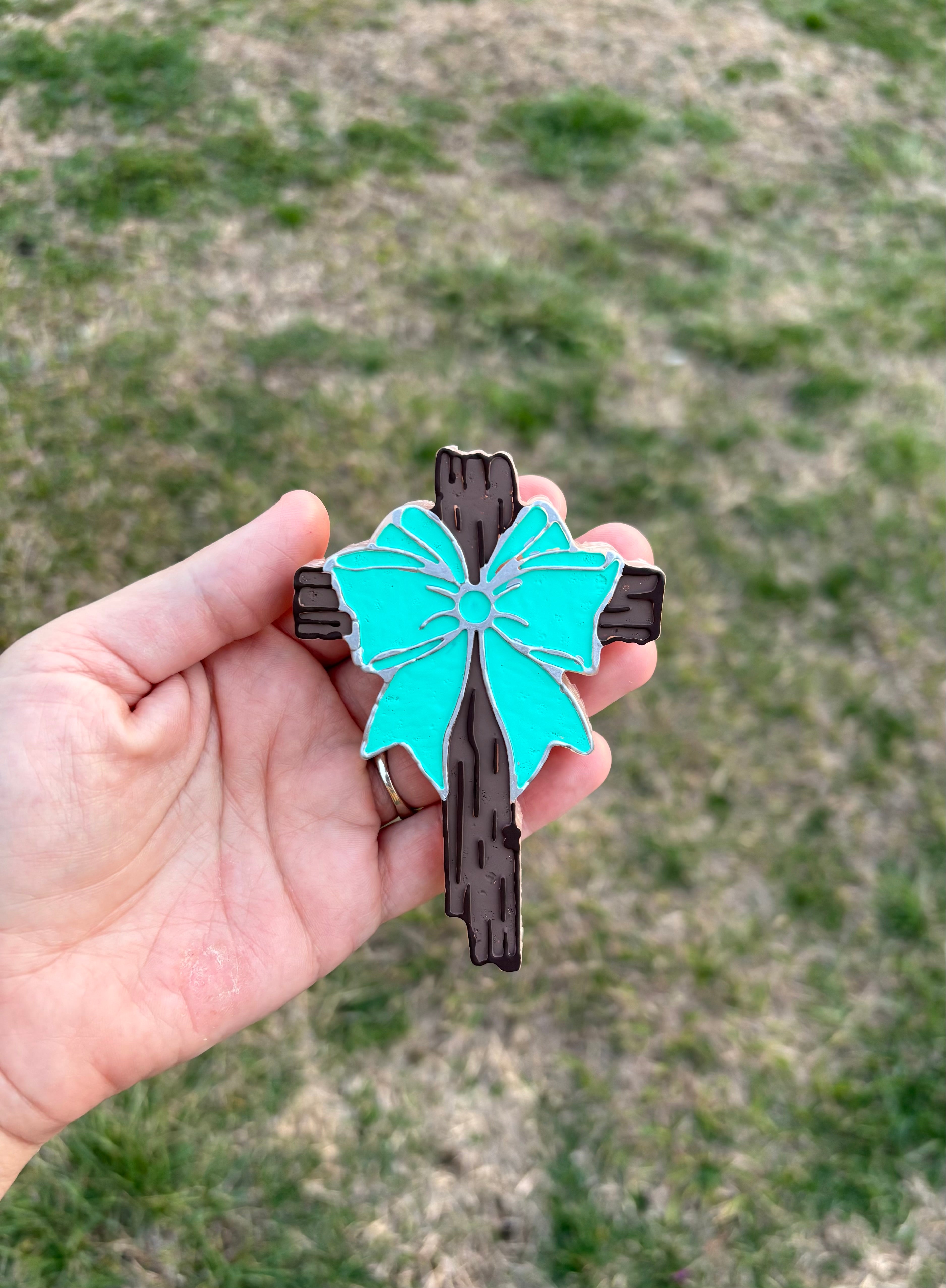 Wooden Cross with Bow Car Freshie